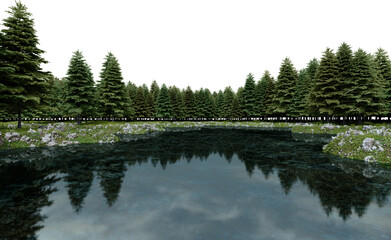Fototapeta na wymiar Realistic lake and forest tree line. 3d rendering of isolated objects.