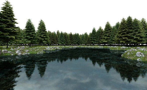 Realistic lake and forest tree line. 3d rendering of isolated objects.