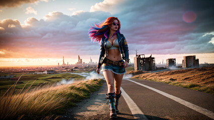 A sexy woman with a slim body with pink hair in a post-apocalyptic world. Generative AI