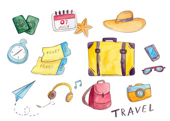 Travel watercolor set, suitcases, hat, tickets, passports all for vacation and tourism. Paterny Journey