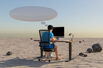 Fototapeta na wymiar man sitting at pc office workplace in desert environment with huge stacks of document binders and speech bubble; workload stress burnout concept; 3D Illustration