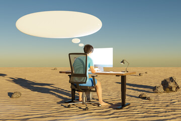 Fototapeta na wymiar man sitting at pc office workplace in desert environment with huge stacks of document binders and speech bubble; workload stress burnout concept; 3D Illustration