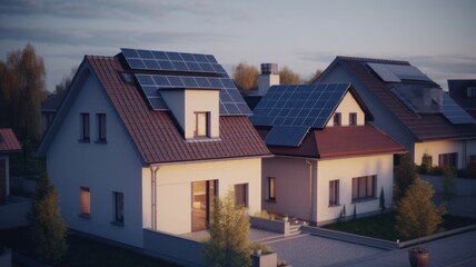 Modern village with solar panels, photovoltaics on the roofs of houses. Alternative source of electricity. The concept of renewable resources. Generative AI