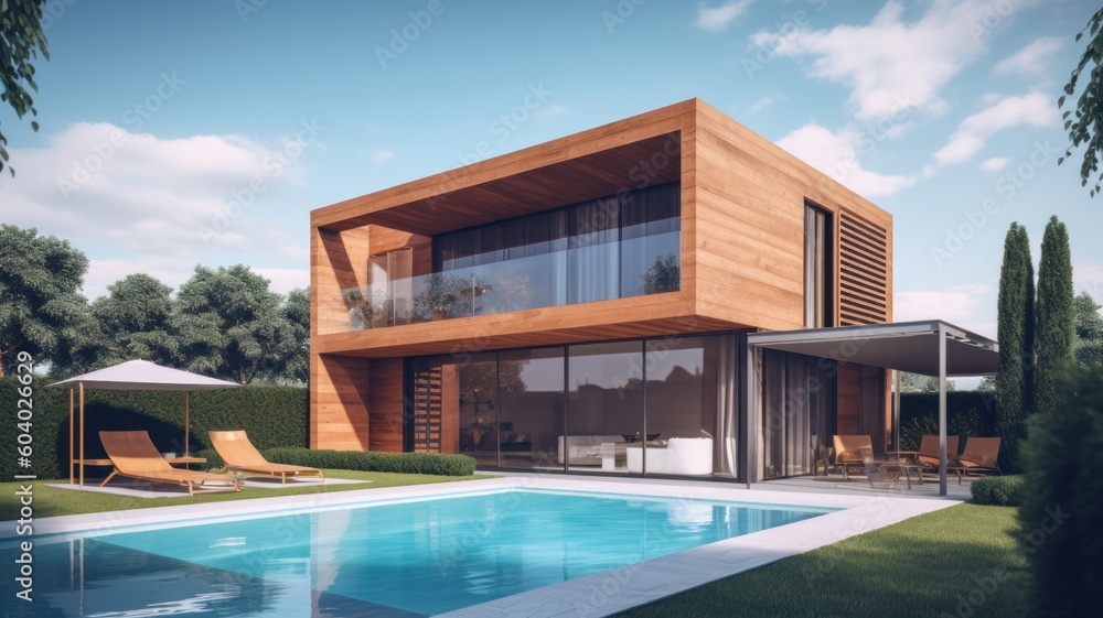 Wall mural modern two-story minimalist villa with panoramic windows and a swimming pool in the foreground. gorg - Wall murals