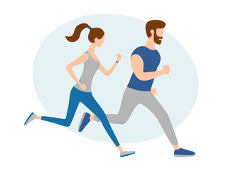 Obraz na płótnie Canvas Good morning workout, running couple, jogging people. Summer outdoor sport activities. Have Fun, Fitness Healthy Lifestyle. Vector illustration. Trendy flat style.