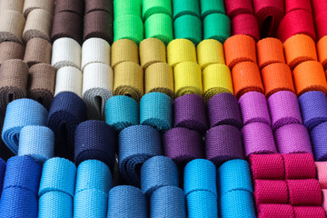 Colorful samples of cloth and fabrics in different colors found at a fabrics market