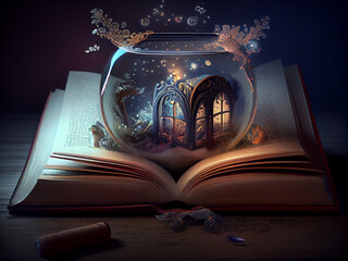 An image of a three-dimensional kind children's fairy tale illustration above the pages of an open book. Generative AI