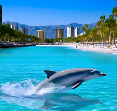 Dolphin swimming on the beach. Generated AI