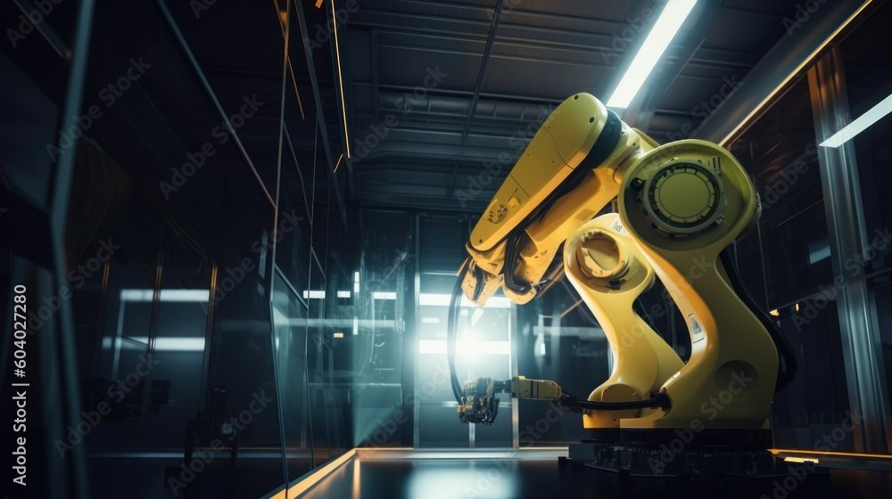 Poster a yellow robot is in a dark room. generative ai image.