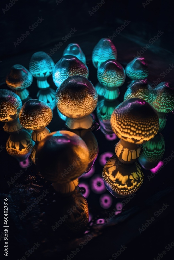 Poster a group of mushrooms sitting on top of a table. generative ai image.