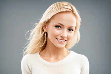 Young Woman in a white sweater on a white background. Generative AI
