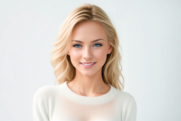 Young Woman in a white sweater on a white background. Generative AI