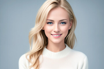 Obraz premium Young Woman in a white sweater on a white background. Generative AI
