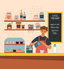 Cartoon character of young man in uniform working as barista.. Process of making cappuccino at cafe. Small business owner.