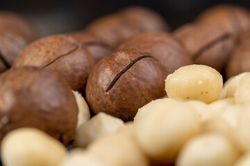 Peeled macadamia nuts on the table