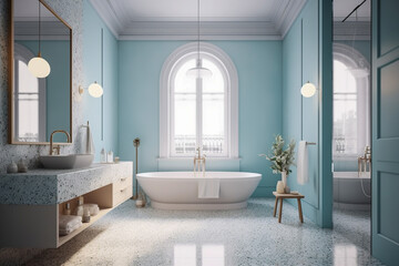 Fototapeta na wymiar Modern cozy bathroom, classic clean interior design with blue, white and beige colors. Super photo realistic background, generative ai illustration