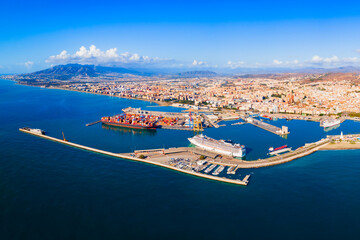 Malaga city port aerial panoramic view in Andalusia