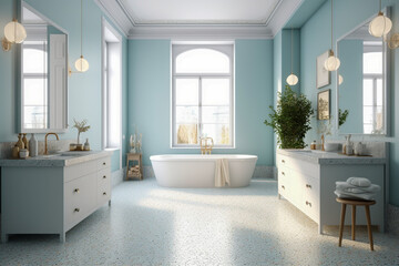 Naklejka na ściany i meble Modern cozy bathroom, classic clean interior design with blue, white and beige colors. Super photo realistic background, generative ai illustration