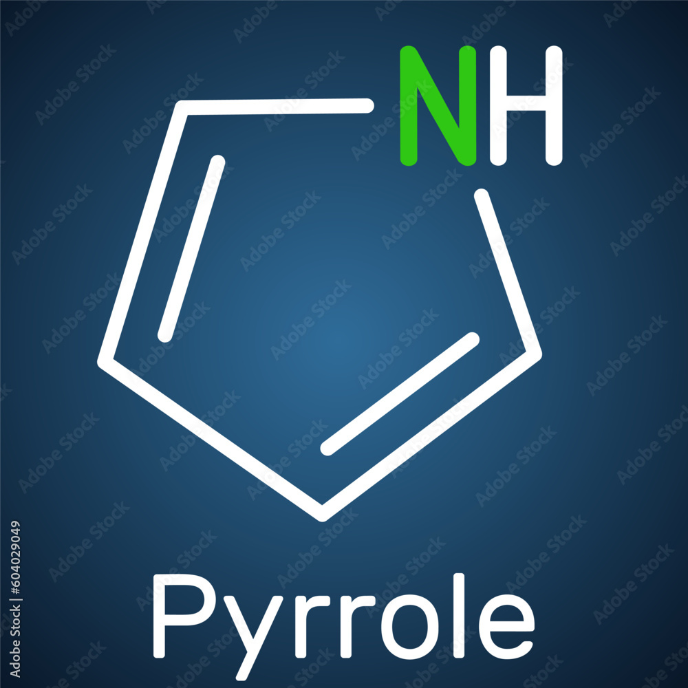 Poster Pyrrole molecule. It is heterocyclic aromatic compound, natural product, found in Coffea arabica. Structural chemical formula on the dark blue background.