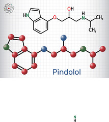 Pindolol molecule. It is nonselective beta adrenergic receptor blocker, used to treat hypertension, edema. Structural chemical formula, molecule model. Sheet of paper in a cage.