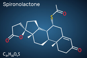 Spironolactone molecule. It is aldosterone receptor antagonist used for the treatment of hypertension, hyperaldosteronism, edema. Structural chemical formula on the dark blue background.