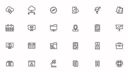 Naklejka na ściany i meble Vector business and finance editable stroke line icon set with money, bank, check, law, auction, exchance, payment, wallet, deposit, piggy, calculator, web and more isolated outline thin symbol