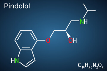 Pindolol molecule. It is nonselective beta adrenergic receptor blocker, used to treat hypertension, edema. Structural chemical formula on the dark blue background.