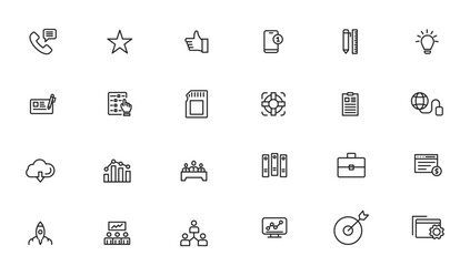 Vector business and finance editable stroke line icon set with money, bank, check, law, auction, exchance, payment, wallet, deposit, piggy, calculator, web and more isolated outline thin symbol