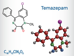 Temazepam drug molecule. It is benzodiazepine, used to treat panic disorders, severe anxiety, insomnia.. Structural chemical formula, molecule model