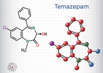 Temazepam drug molecule. It is benzodiazepine, used to treat panic disorders, severe anxiety, insomnia.. Structural chemical formula, molecule model. Sheet of paper in a cage.