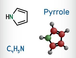 Pyrrole molecule. It is heterocyclic aromatic compound, natural product, found in Coffea arabica. Structural chemical formula, molecule model.