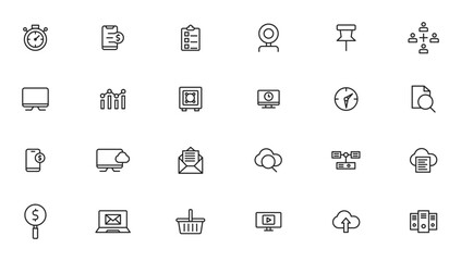 Vector business and finance editable stroke line icon set with money, bank, check, law, auction, exchance, payment, wallet, deposit, piggy, calculator, web and more isolated outline thin symbol