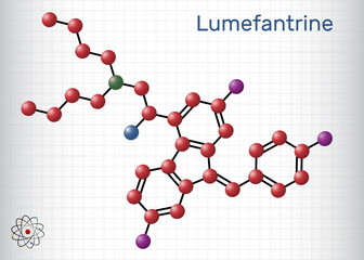 Lumefantrine, benflumetol molecule. It is used for the treatment of malaria. Structural chemical formula, molecule model. Sheet of paper in a cage
