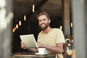 Cafe portrait, tablet and happy man, customer or freelance worker doing online project, research or report article. Scroll, smile or person work on restaurant insight, data or store sales statistics