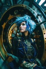 Obraz na płótnie Canvas A woman with blue hair sitting in a machine. Generative AI image.