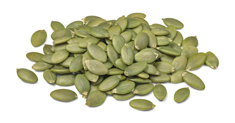 Green pumpkin seed heap isolated on white background.