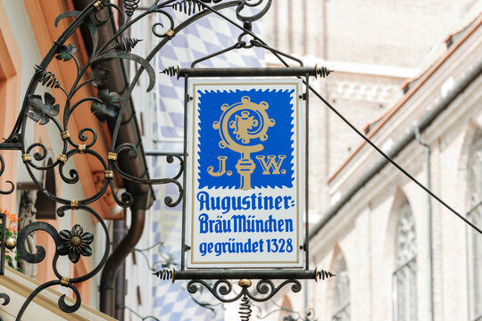 Augustiner Br&auml;u brewery and restaurant sign in Munich, German