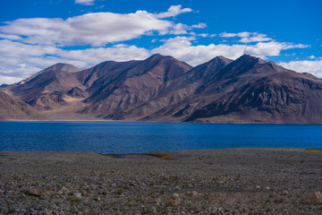 Beautiful Pangong Tso Lake with clear blue sky in Ladakh, North India