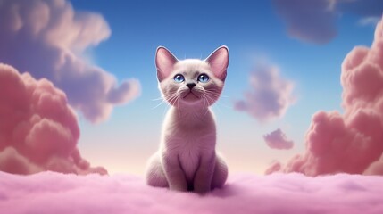 anthropomorphic kitten, Siamese cat, pink cat, pink fantasy background, pink cloud, full body, symmetrical body, details + cinematic light, 8k, wallpaper, Generative AI