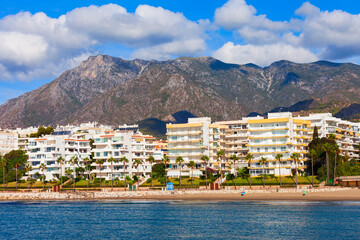 Fototapeta na wymiar Marbella city beach panoramic view in Spain
