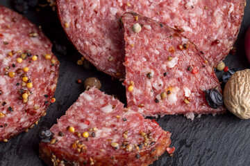 Sliced salami using pork meat with spices
