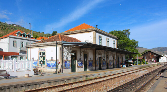 Azulejos in railway station of Pinhao in the Douro Valley in Portugal (Europe)
