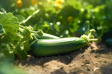 Growing green zucchini in the garden on a sunny day. Ripened vegetable marrows, flowering and fruit courgette. Generative AI