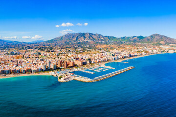 Fuengirola city beach and port aerial panoramic view