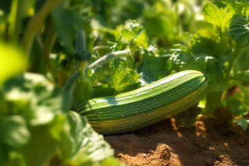 Growing green zucchini in the garden on a sunny day. Ripened vegetable marrows, flowering and fruit courgette. Generative AI - obrazy, fototapety, plakaty