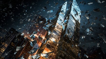 Close-up shard, Full screen mirror, peeling like led paint, Android reflecting in each peeling section, background of a light, Generative AI