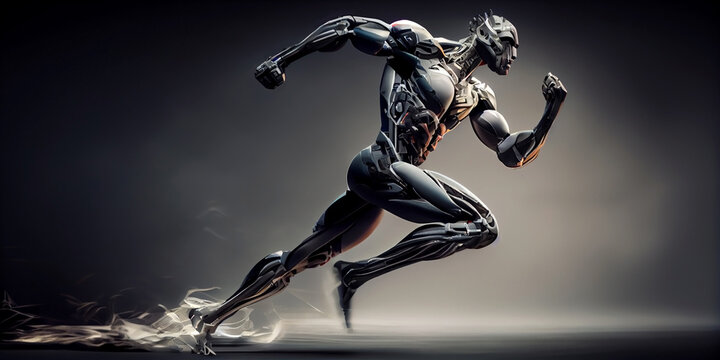A fast running humanoid muscular robot athlete on an isolated background. Generative AI