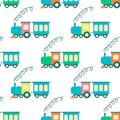 Baby trains seamless pattern. Steam locomotive with smoke background. Kiddle print for textile, paper, packaging, kids room design, vector illustration