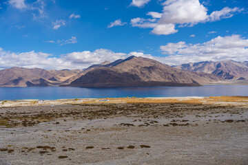 Mountains and Pangong tso (Lake). It is huge lake in Ladakh, altitude 4,350 m (14,270 ft). It is...