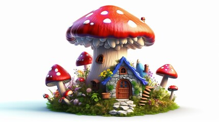 realistic colorful mushroom house, colorful, beautiful vivid color, mushroom house, wet soil, white background, Generative AI